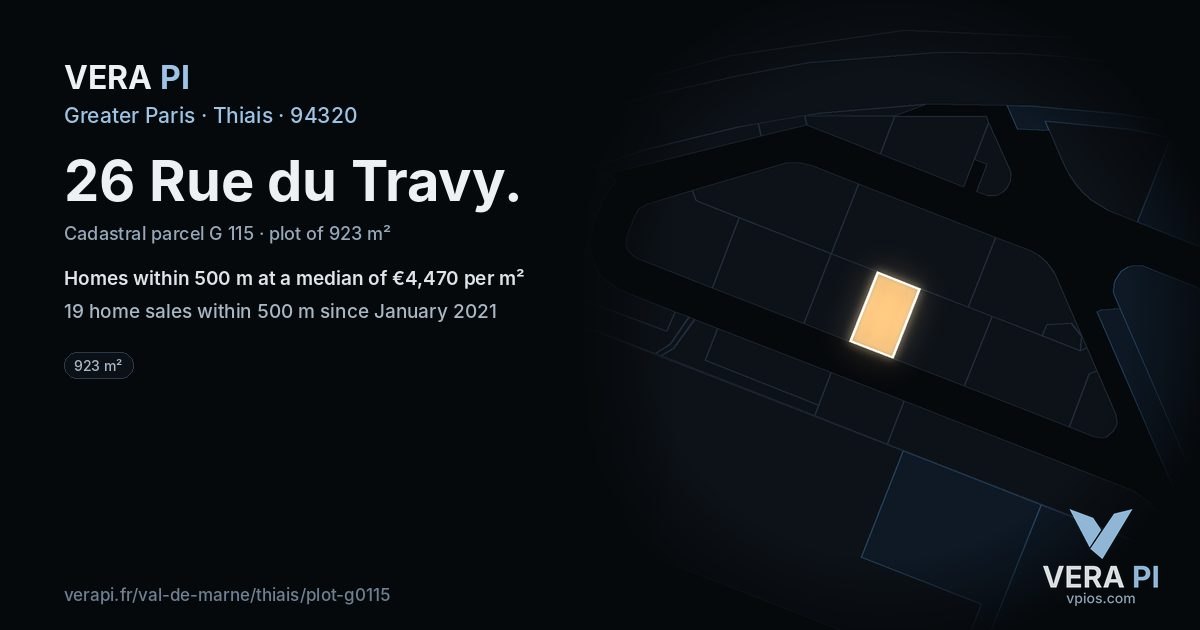 26 Rue du Travy, Thiais at night – the plot lit, the parcels around coloured by the prices near them