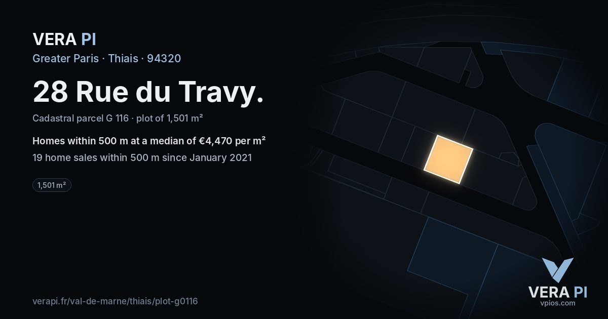 28 Rue du Travy, Thiais at night – the plot lit, the parcels around coloured by the prices near them