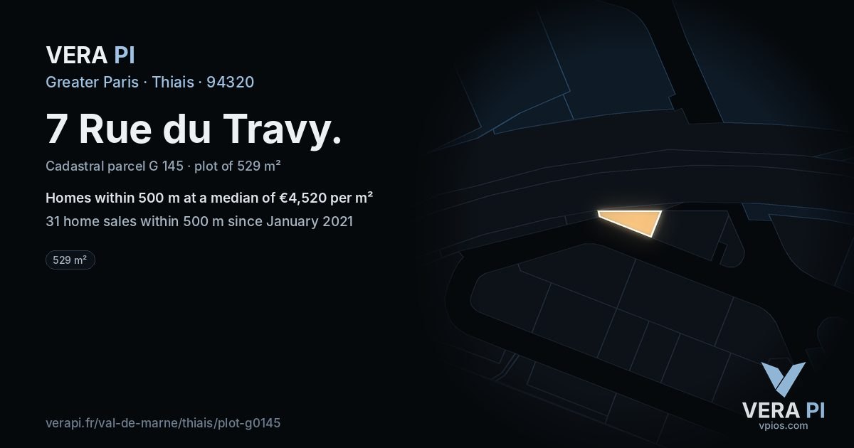 7 Rue du Travy, Thiais at night – the plot lit, the parcels around coloured by the prices near them