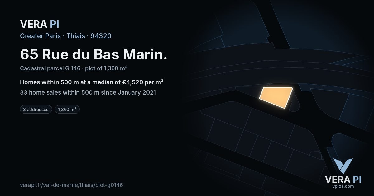65 Rue du Bas Marin, Thiais at night – the plot lit, the parcels around coloured by the prices near them