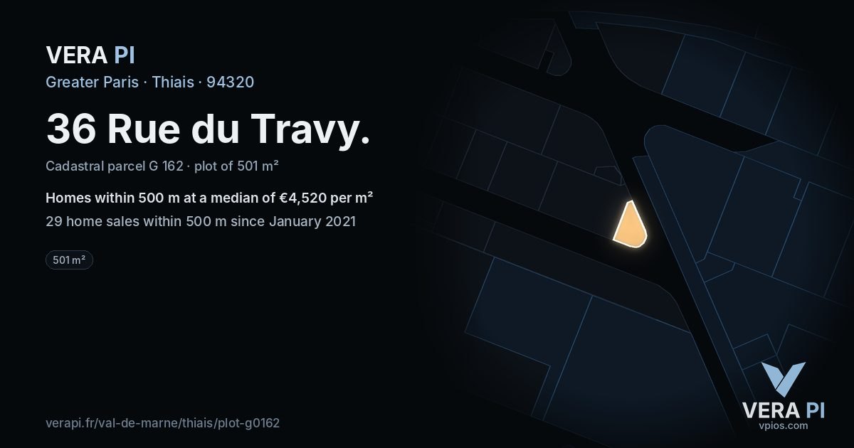 36 Rue du Travy, Thiais at night – the plot lit, the parcels around coloured by the prices near them