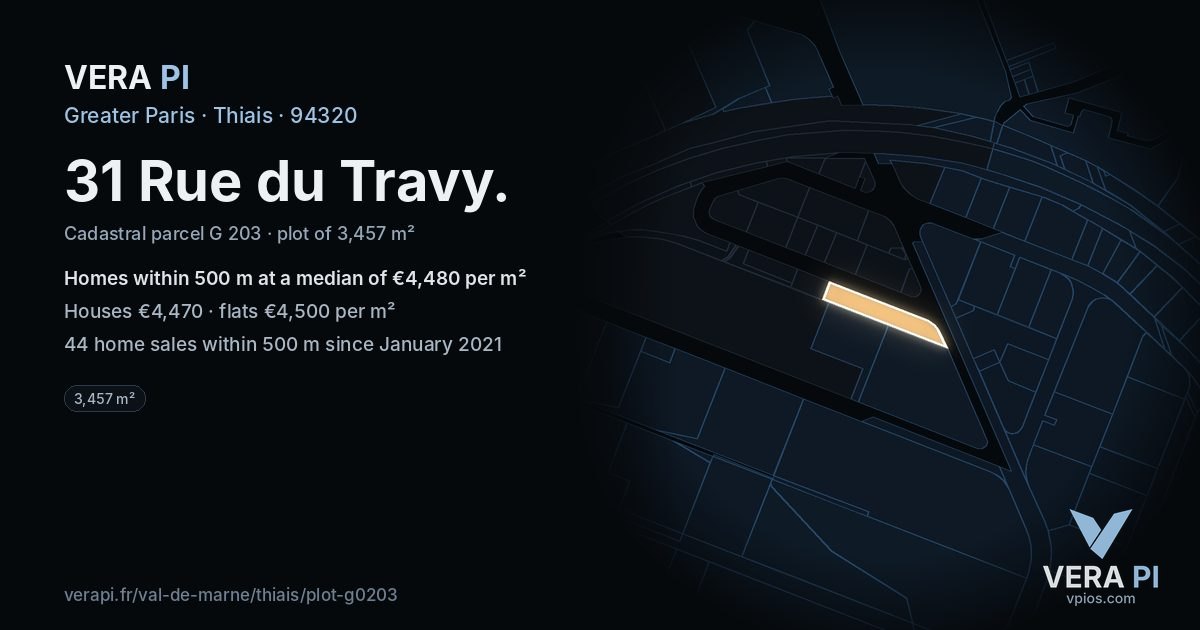 31 Rue du Travy, Thiais at night – the plot lit, the parcels around coloured by the prices near them