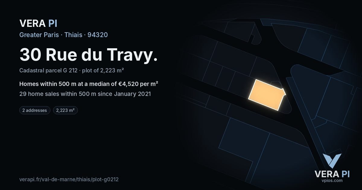 30 Rue du Travy, Thiais at night – the plot lit, the parcels around coloured by the prices near them