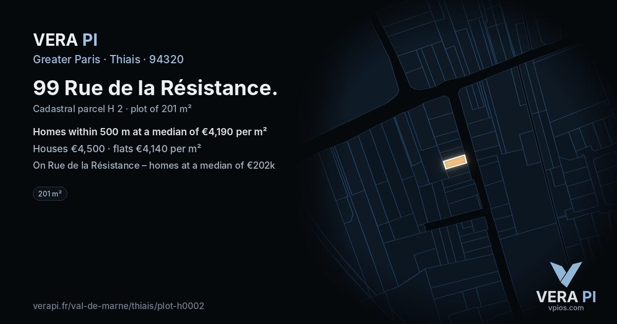 99 Rue de la Résistance, Thiais at night – the plot lit, the parcels around coloured by the prices near them