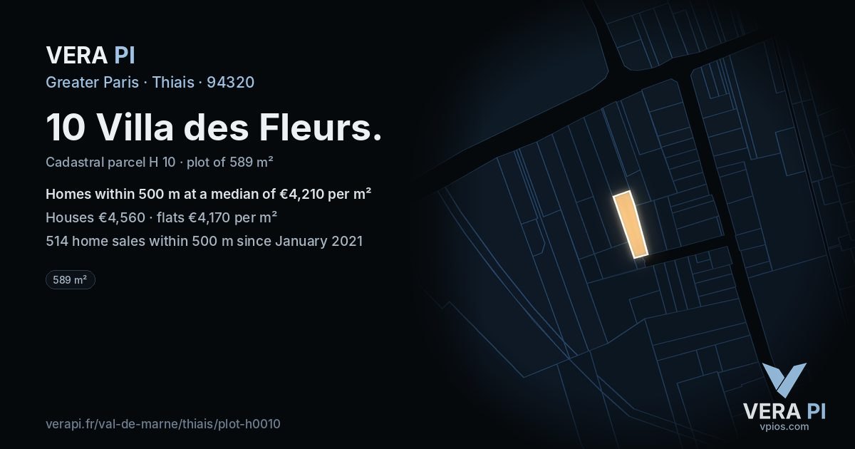 10 Villa des Fleurs, Thiais at night – the plot lit, the parcels around coloured by the prices near them