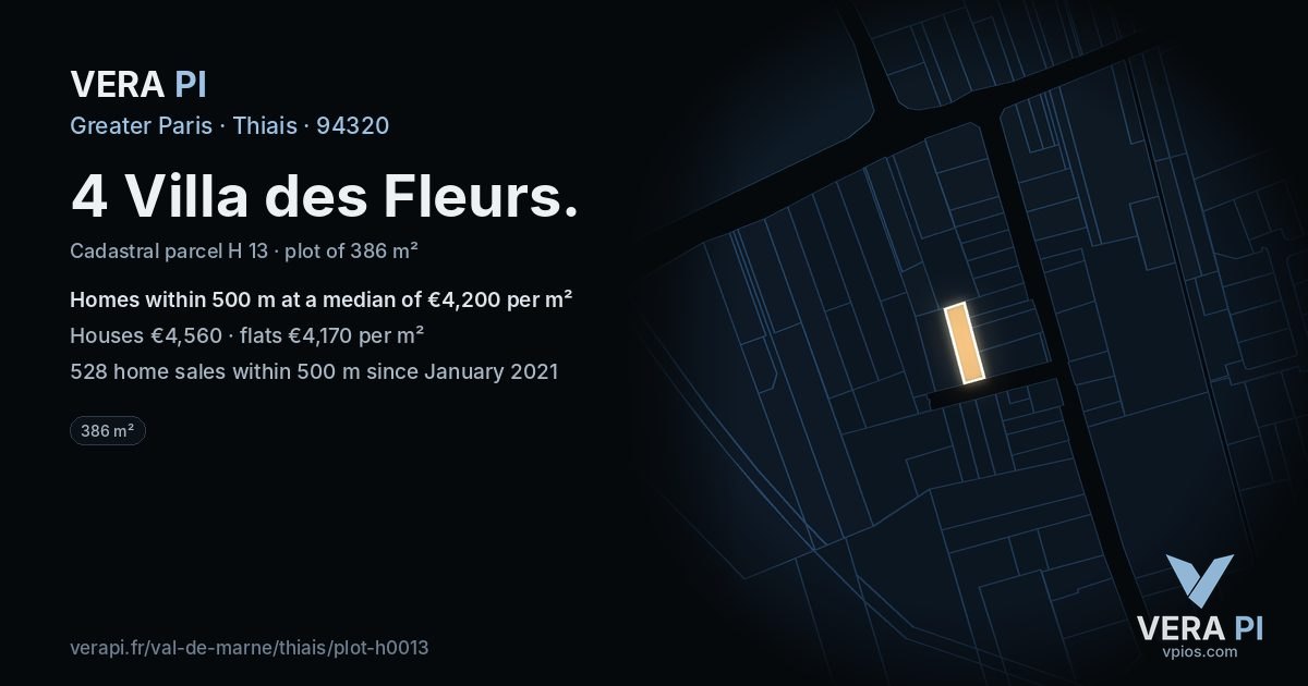 4 Villa des Fleurs, Thiais at night – the plot lit, the parcels around coloured by the prices near them