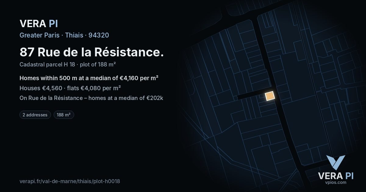 87 Rue de la Résistance, Thiais at night – the plot lit, the parcels around coloured by the prices near them