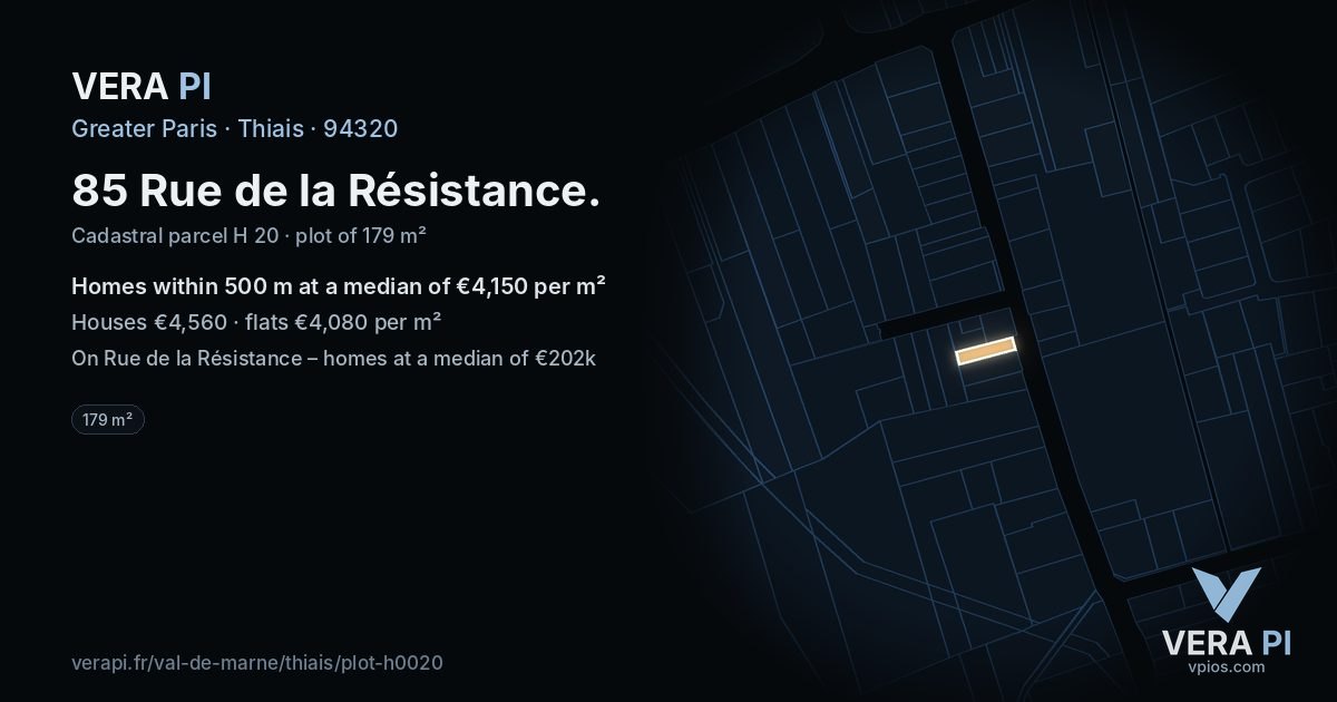 85 Rue de la Résistance, Thiais at night – the plot lit, the parcels around coloured by the prices near them