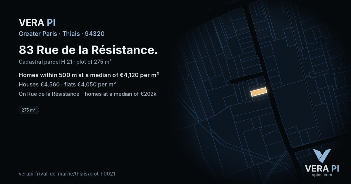 83 Rue de la Résistance, Thiais at night – the plot lit, the parcels around coloured by the prices near them