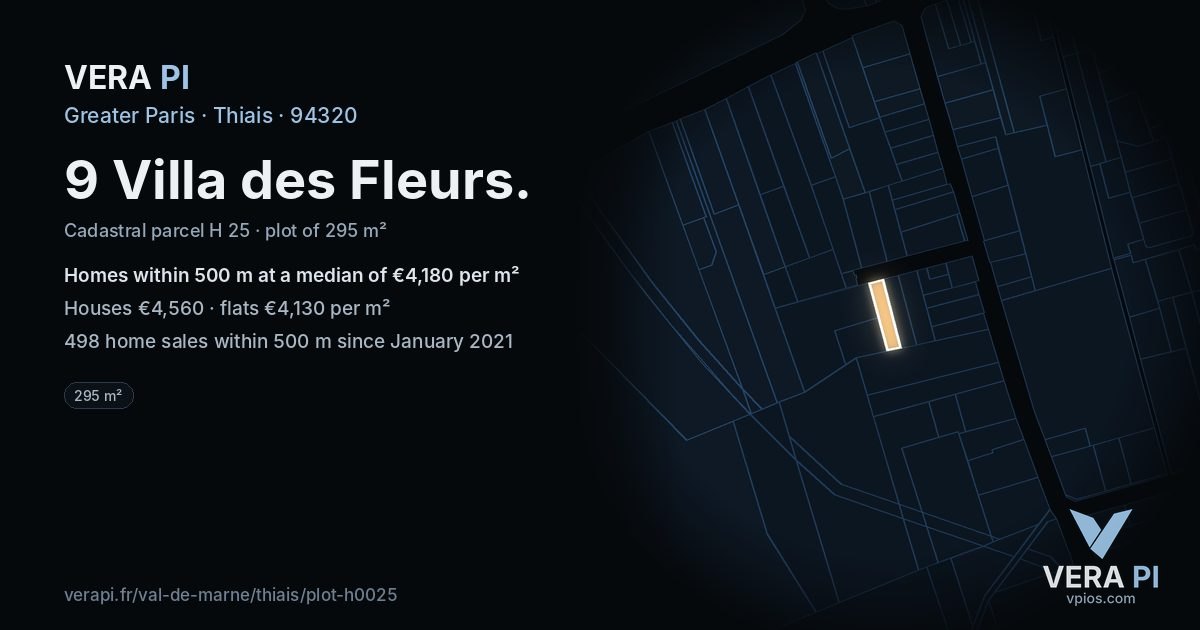 9 Villa des Fleurs, Thiais at night – the plot lit, the parcels around coloured by the prices near them