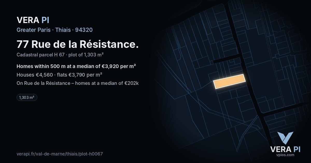 77 Rue de la Résistance, Thiais at night – the plot lit, the parcels around coloured by the prices near them