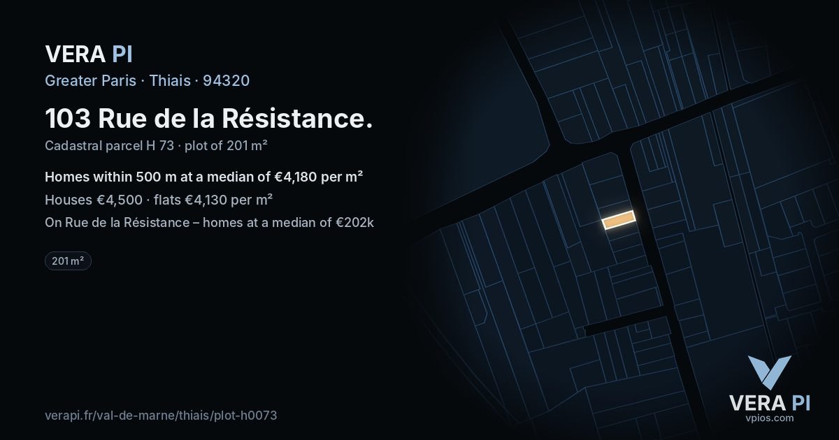 103 Rue de la Résistance, Thiais at night – the plot lit, the parcels around coloured by the prices near them