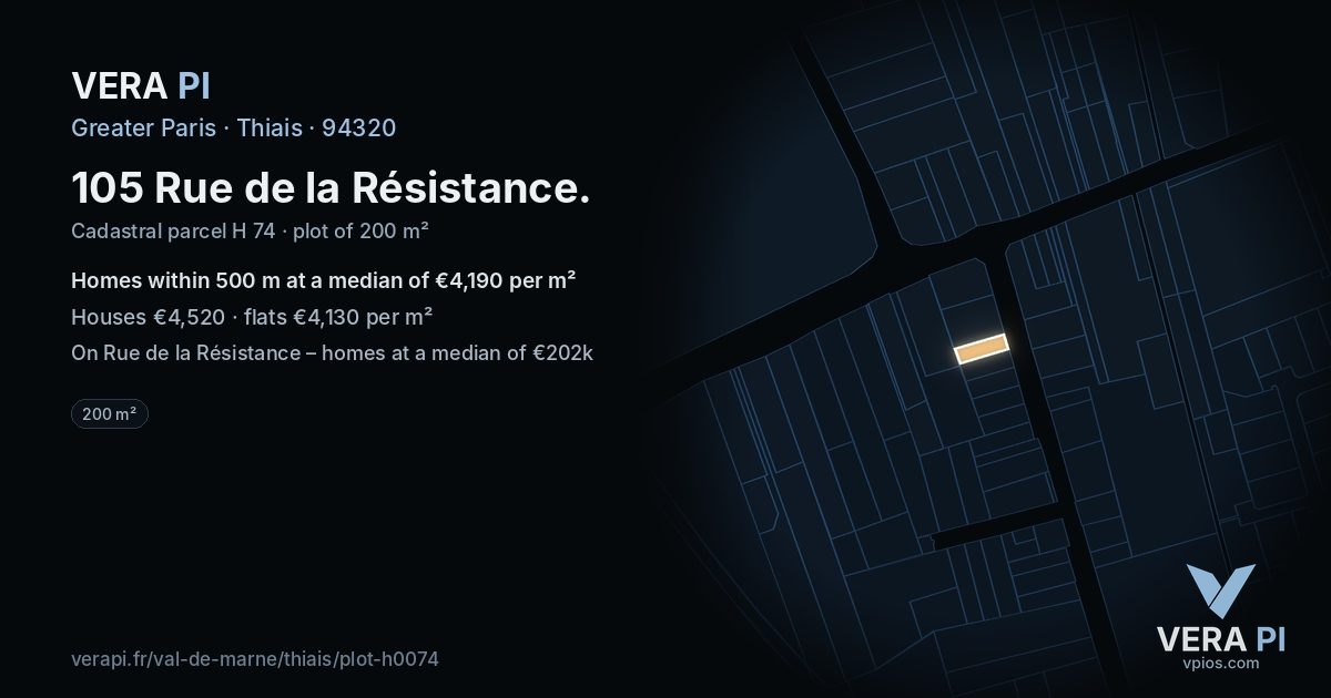 105 Rue de la Résistance, Thiais at night – the plot lit, the parcels around coloured by the prices near them