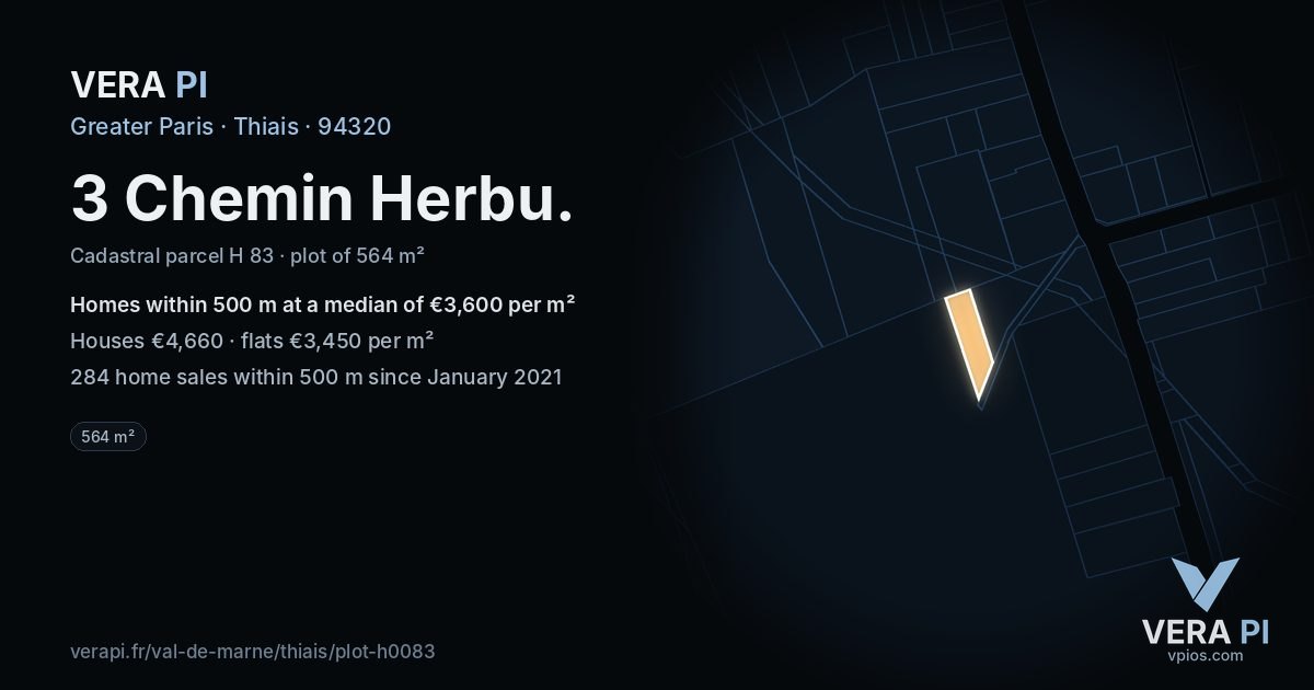 3 Chemin Herbu, Thiais at night – the plot lit, the parcels around coloured by the prices near them