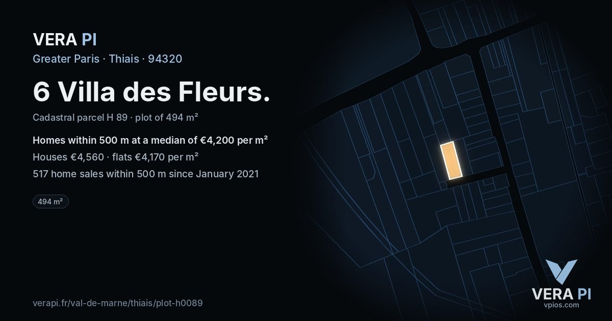 6 Villa des Fleurs, Thiais at night – the plot lit, the parcels around coloured by the prices near them
