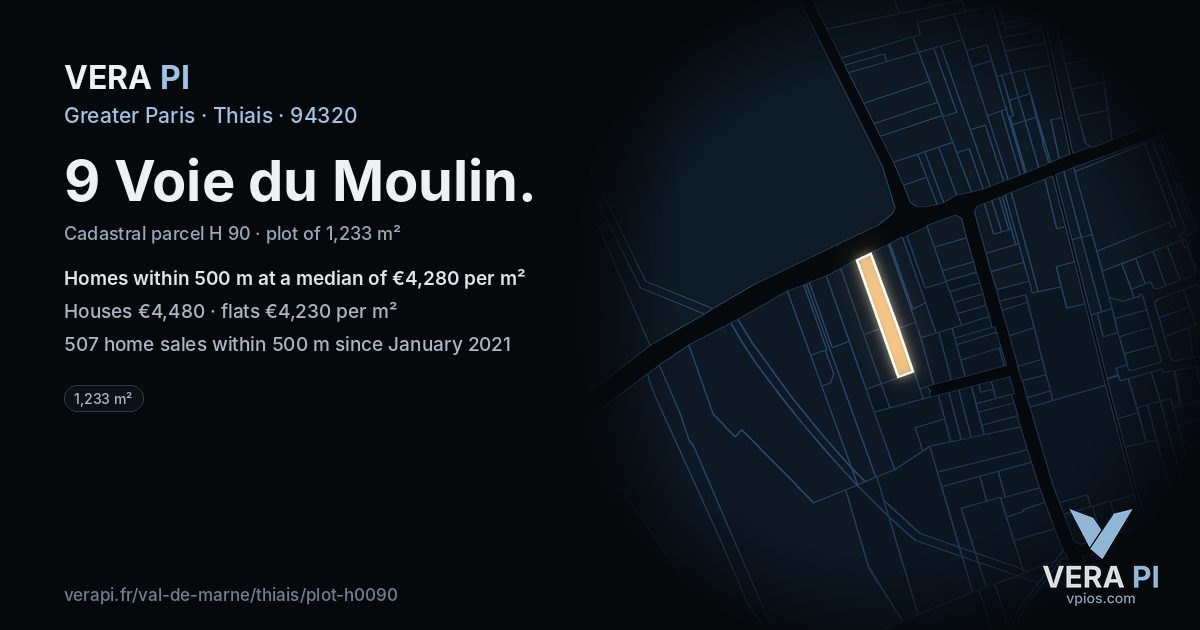 9 Voie du Moulin, Thiais at night – the plot lit, the parcels around coloured by the prices near them