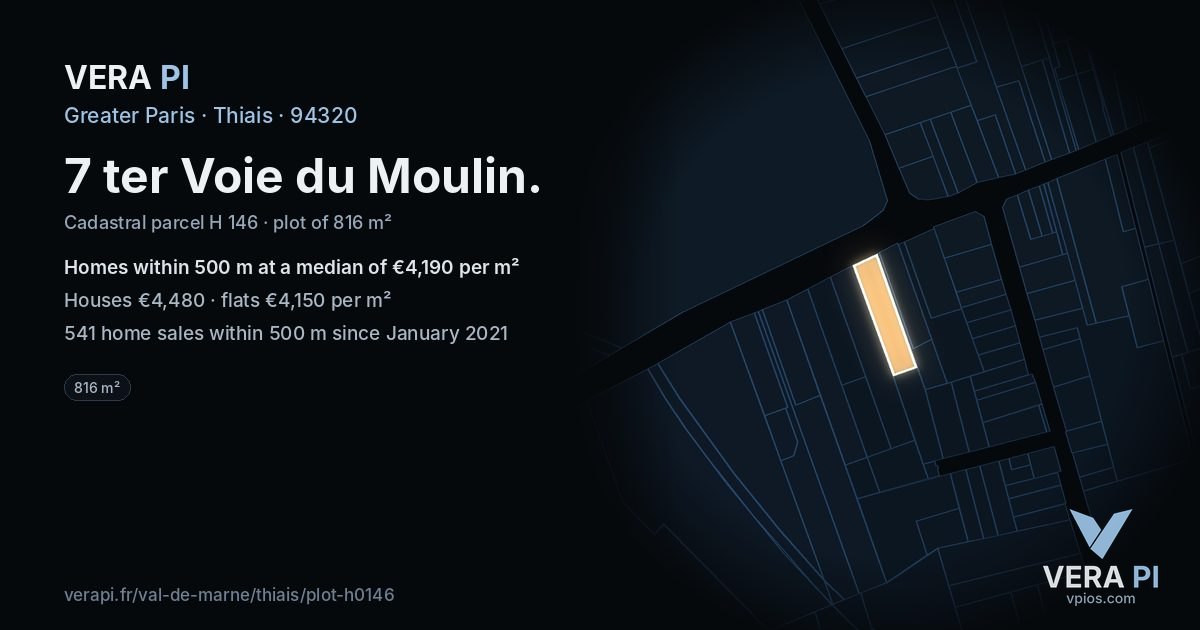 7 ter Voie du Moulin, Thiais at night – the plot lit, the parcels around coloured by the prices near them