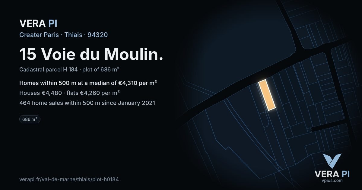 15 Voie du Moulin, Thiais at night – the plot lit, the parcels around coloured by the prices near them