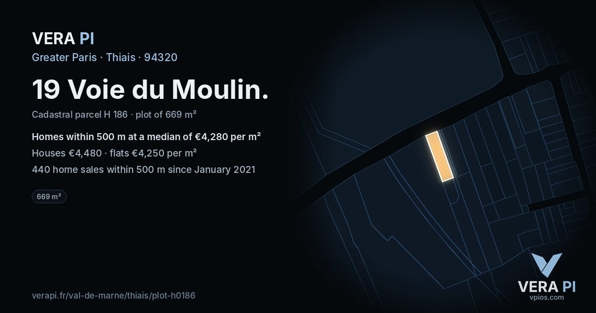 19 Voie du Moulin, Thiais at night – the plot lit, the parcels around coloured by the prices near them