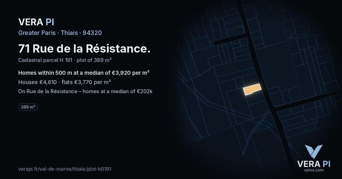 71 Rue de la Résistance, Thiais at night – the plot lit, the parcels around coloured by the prices near them