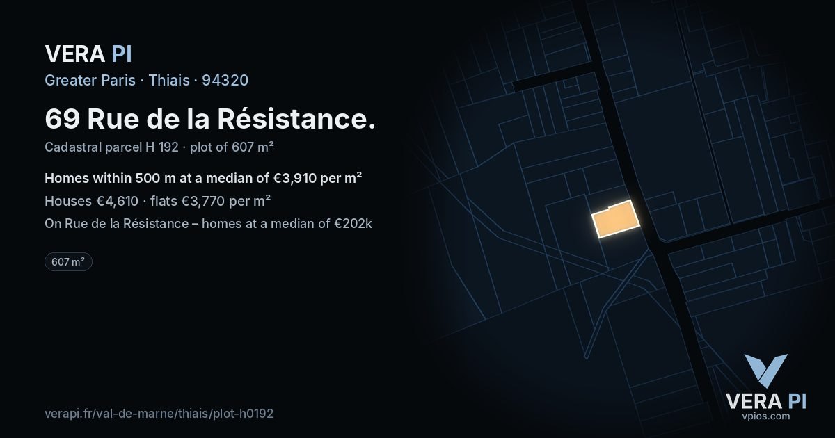69 Rue de la Résistance, Thiais at night – the plot lit, the parcels around coloured by the prices near them