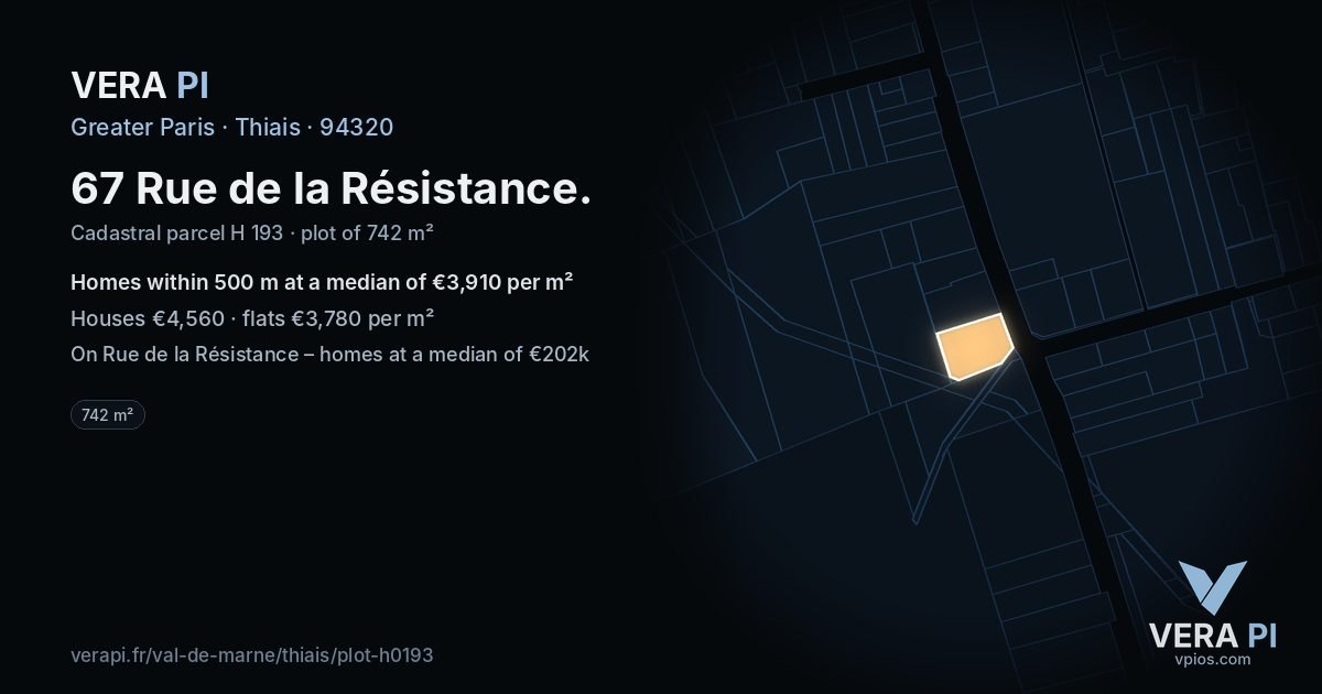 67 Rue de la Résistance, Thiais at night – the plot lit, the parcels around coloured by the prices near them