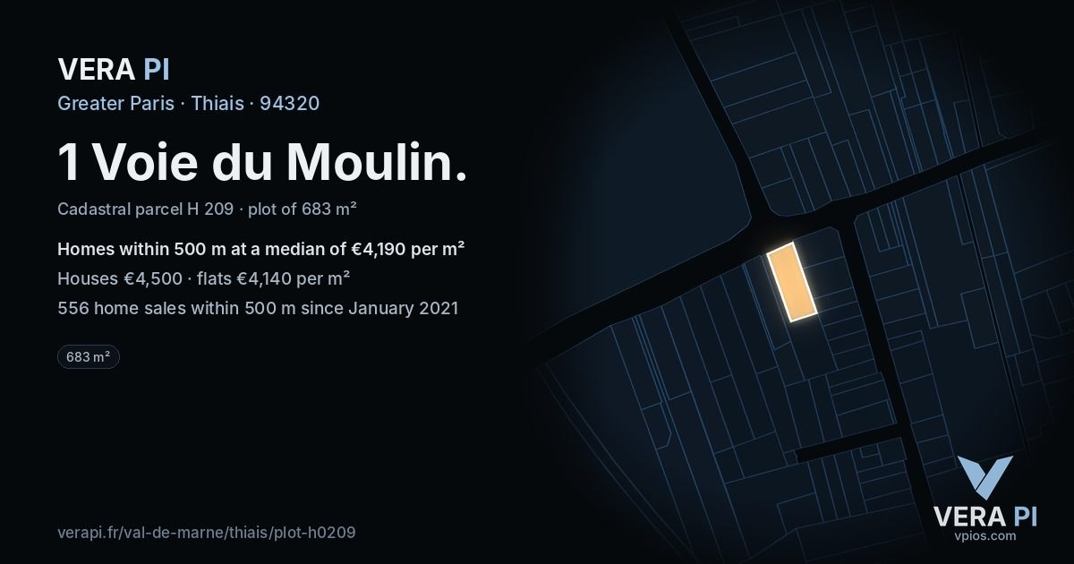 1 Voie du Moulin, Thiais at night – the plot lit, the parcels around coloured by the prices near them