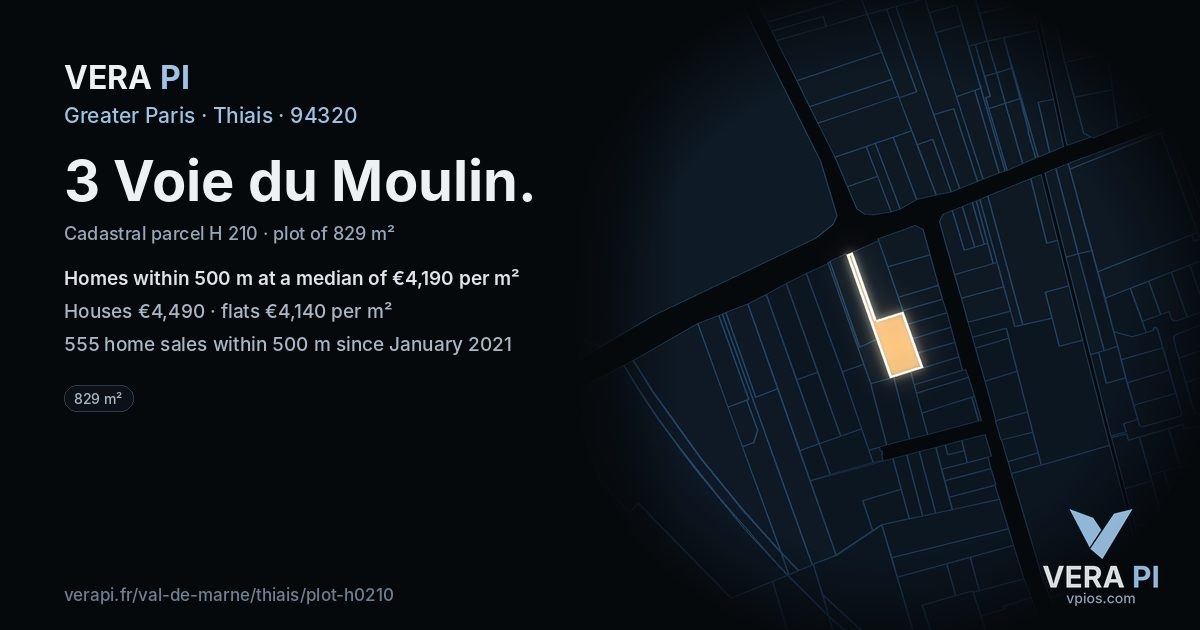 3 Voie du Moulin, Thiais at night – the plot lit, the parcels around coloured by the prices near them
