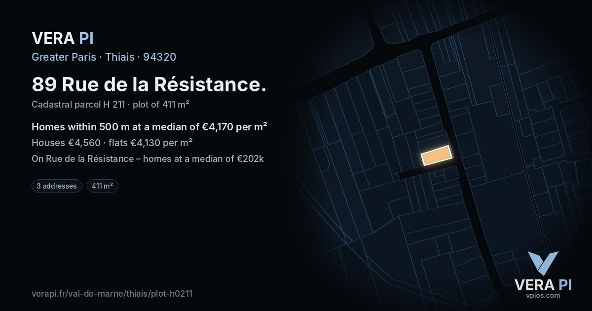 89 Rue de la Résistance, Thiais at night – the plot lit, the parcels around coloured by the prices near them