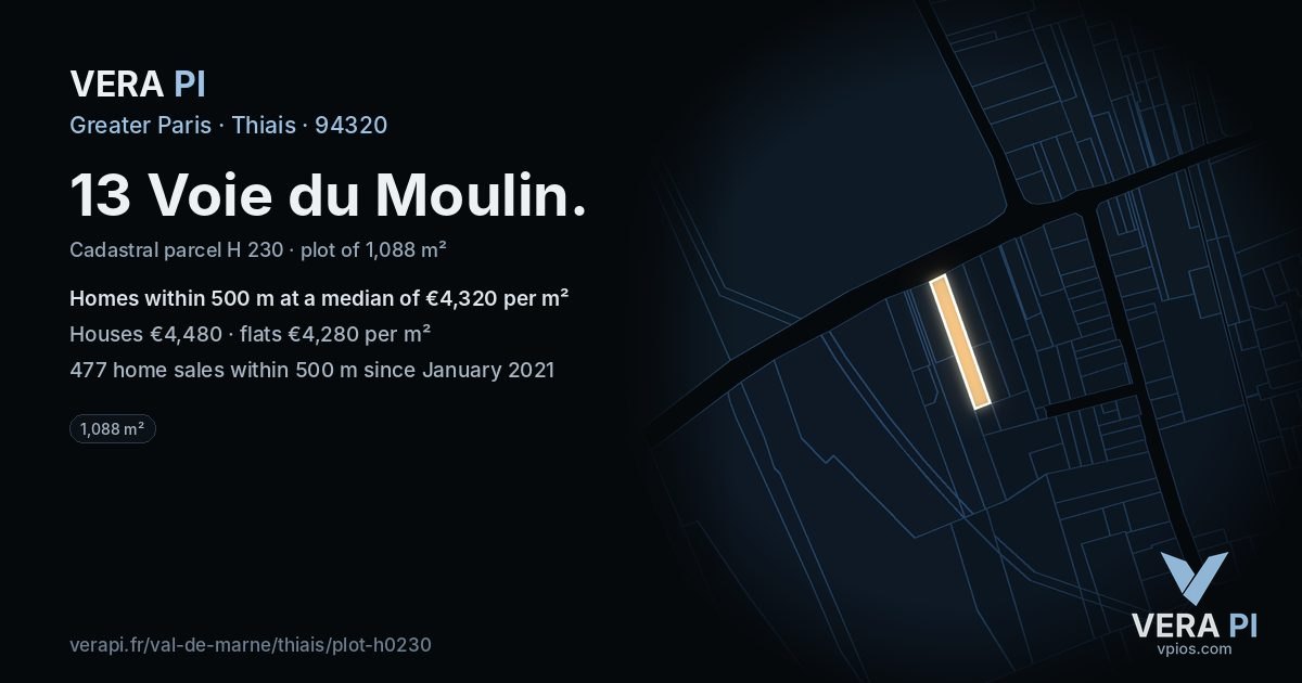 13 Voie du Moulin, Thiais at night – the plot lit, the parcels around coloured by the prices near them