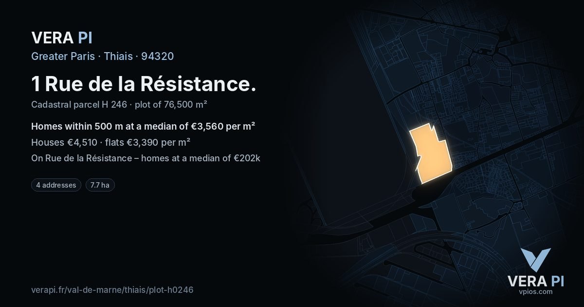 1 Rue de la Résistance, Thiais at night – the plot lit, the parcels around coloured by the prices near them