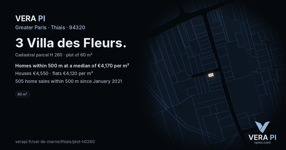 3 Villa des Fleurs, Thiais at night – the plot lit, the parcels around coloured by the prices near them