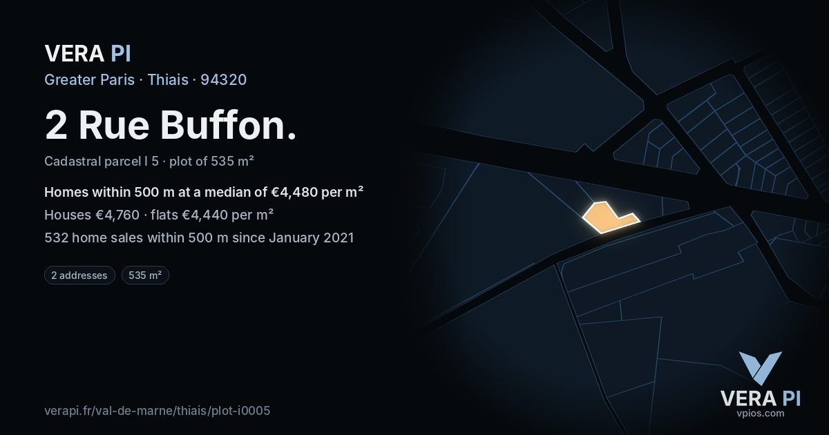 2 Rue Buffon, Thiais at night – the plot lit, the parcels around coloured by the prices near them