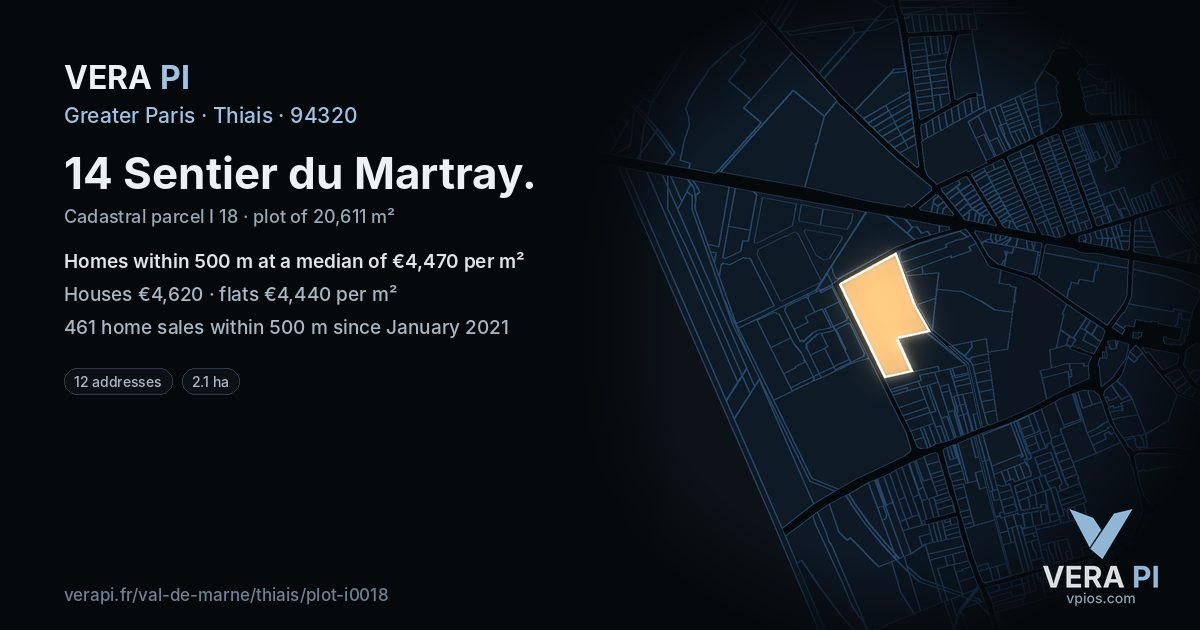 14 Sentier du Martray, Thiais at night – the plot lit, the parcels around coloured by the prices near them