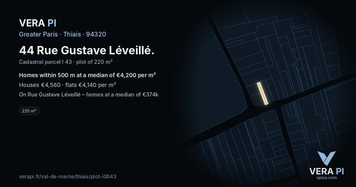 44 Rue Gustave Léveillé, Thiais at night – the plot lit, the parcels around coloured by the prices near them