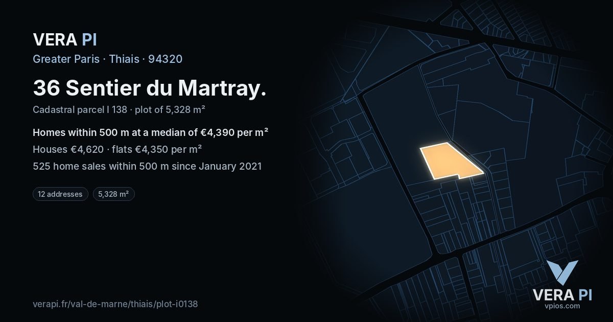 36 Sentier du Martray, Thiais at night – the plot lit, the parcels around coloured by the prices near them