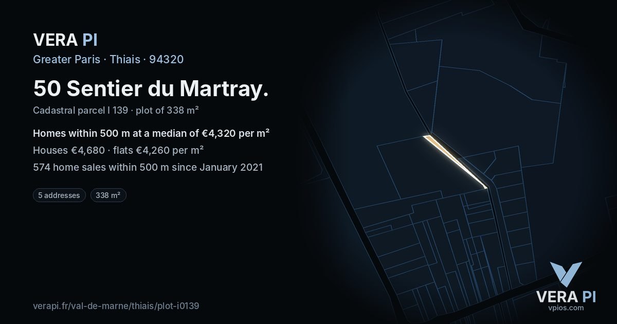 50 Sentier du Martray, Thiais at night – the plot lit, the parcels around coloured by the prices near them