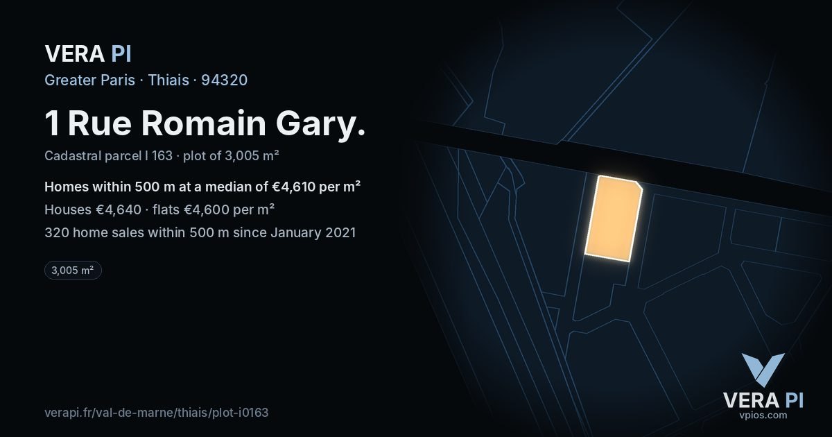 1 Rue Romain Gary, Thiais at night – the plot lit, the parcels around coloured by the prices near them