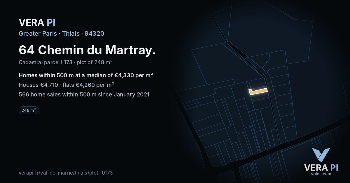64 Chemin du Martray, Thiais at night – the plot lit, the parcels around coloured by the prices near them