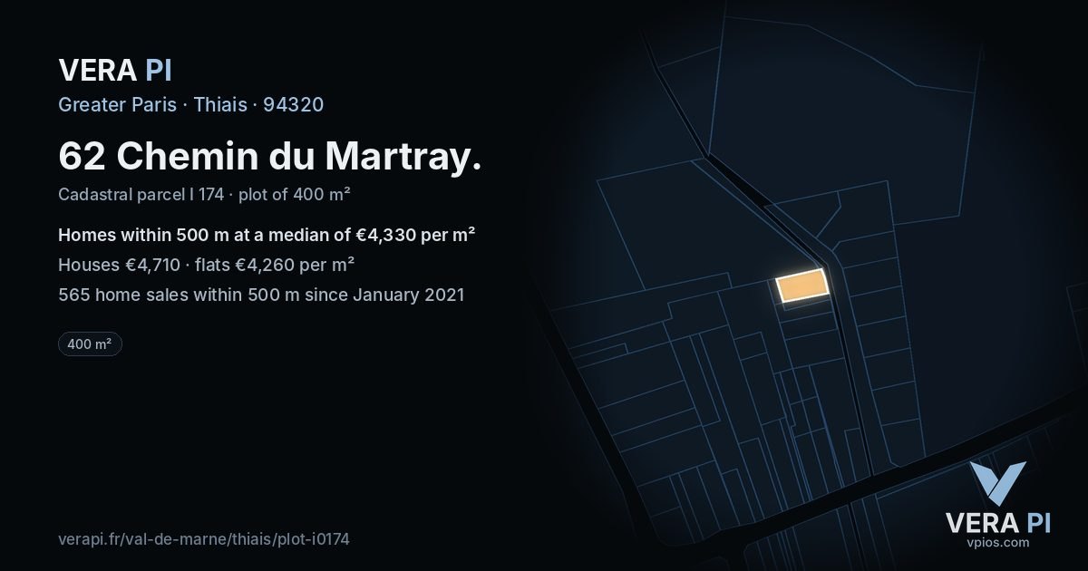 62 Chemin du Martray, Thiais at night – the plot lit, the parcels around coloured by the prices near them