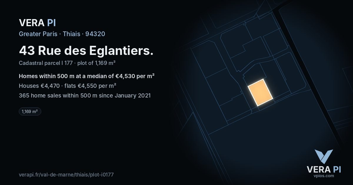 43 Rue des Eglantiers, Thiais at night – the plot lit, the parcels around coloured by the prices near them
