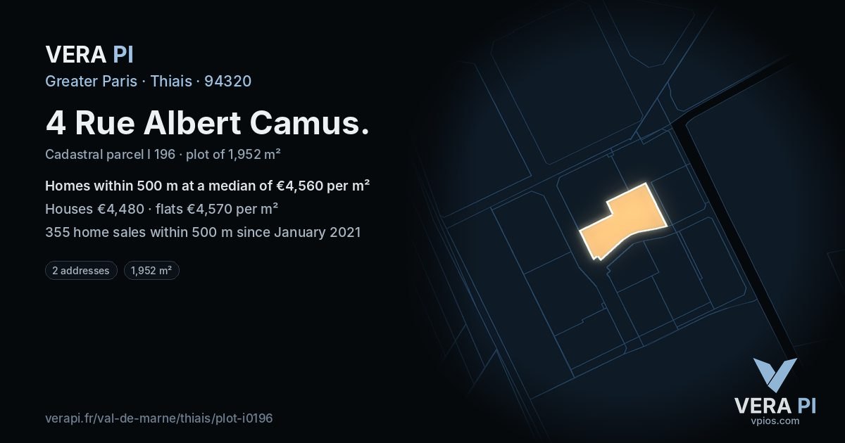 4 Rue Albert Camus, Thiais at night – the plot lit, the parcels around coloured by the prices near them