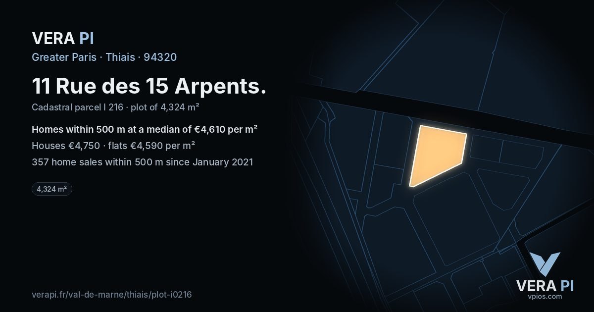 11 Rue des 15 Arpents, Thiais at night – the plot lit, the parcels around coloured by the prices near them