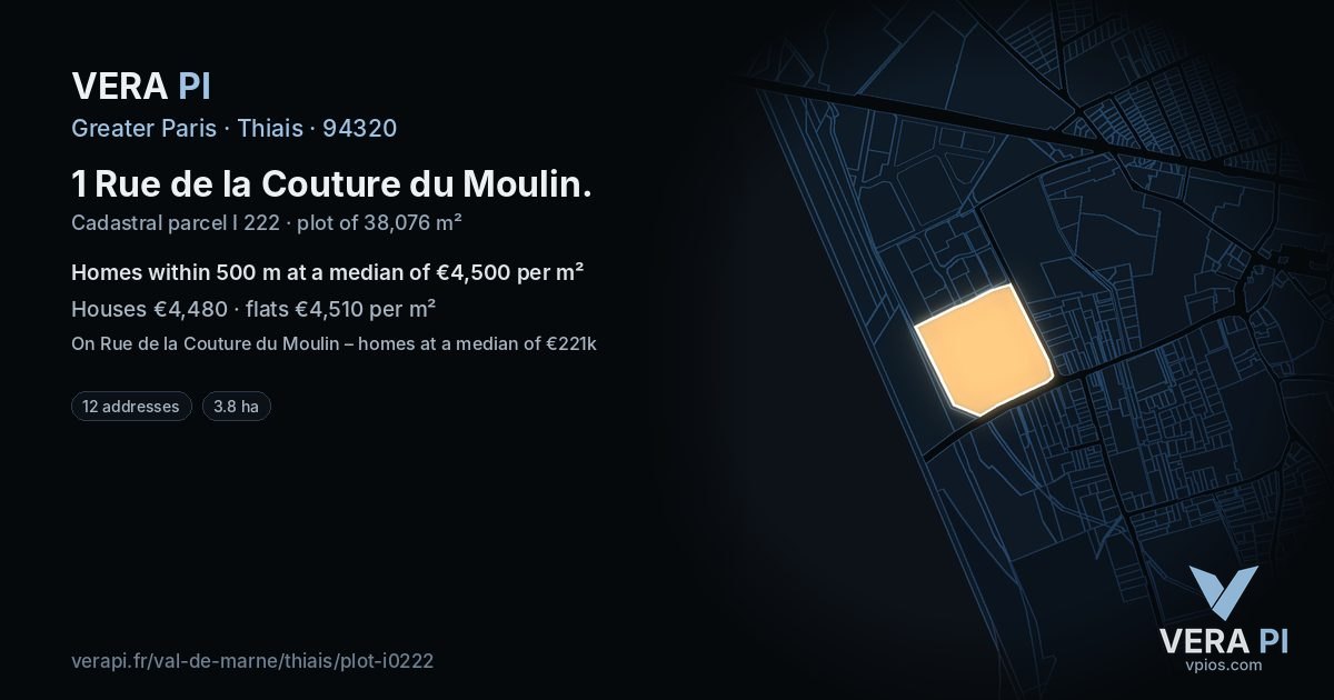 1 Rue de la Couture du Moulin, Thiais at night – the plot lit, the parcels around coloured by the prices near them
