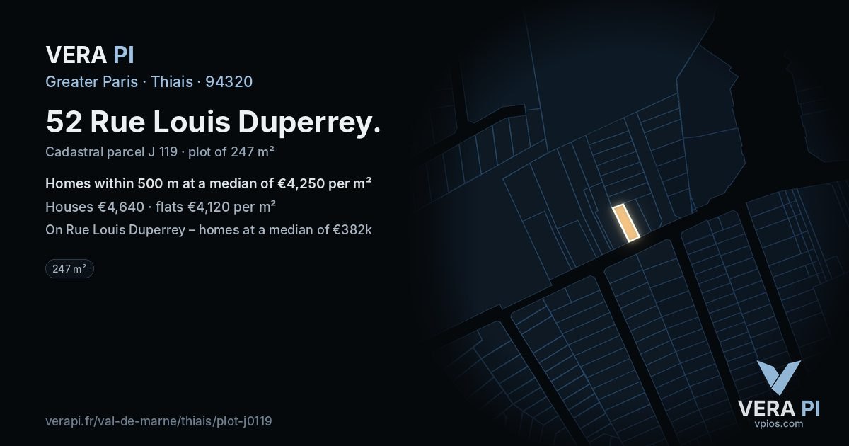 52 Rue Louis Duperrey, Thiais at night – the plot lit, the parcels around coloured by the prices near them