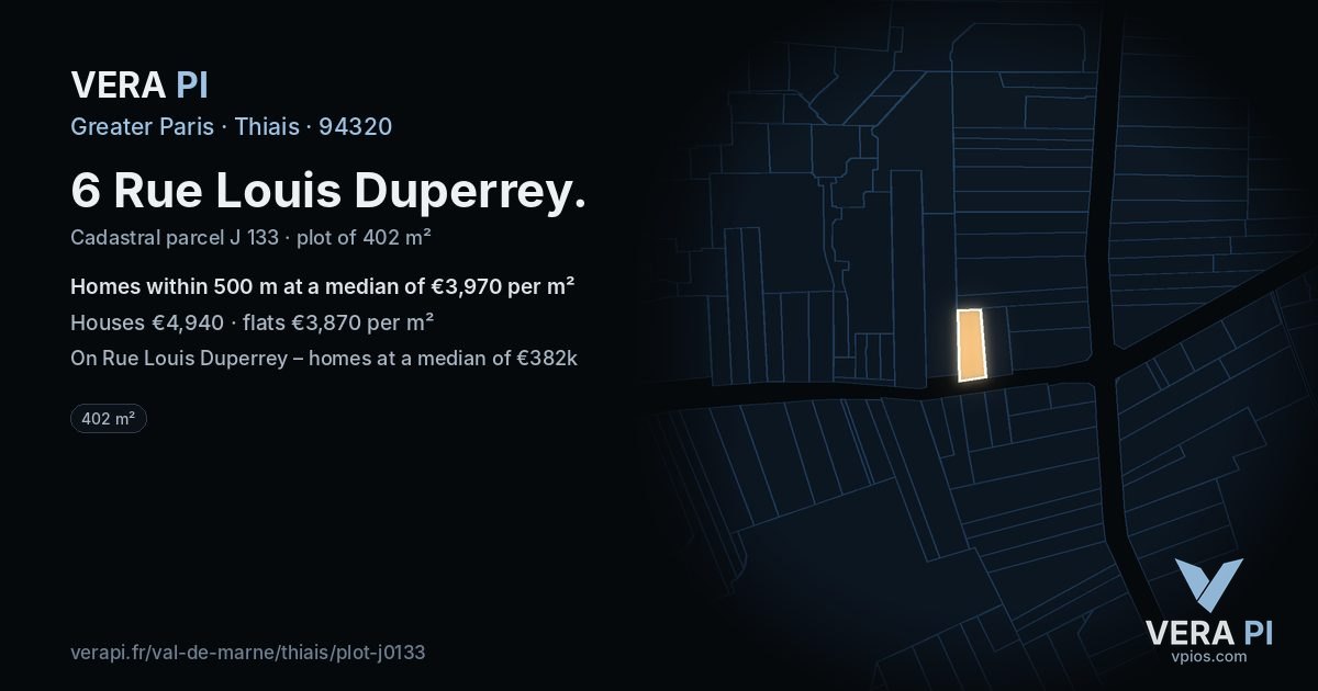6 Rue Louis Duperrey, Thiais at night – the plot lit, the parcels around coloured by the prices near them