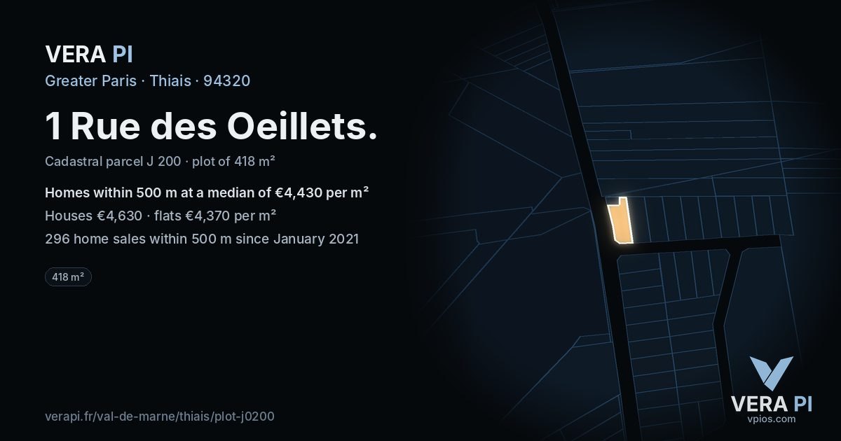 1 Rue des Oeillets, Thiais at night – the plot lit, the parcels around coloured by the prices near them