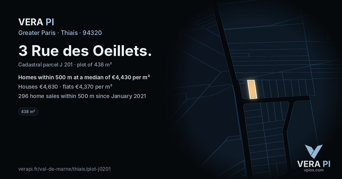 3 Rue des Oeillets, Thiais at night – the plot lit, the parcels around coloured by the prices near them