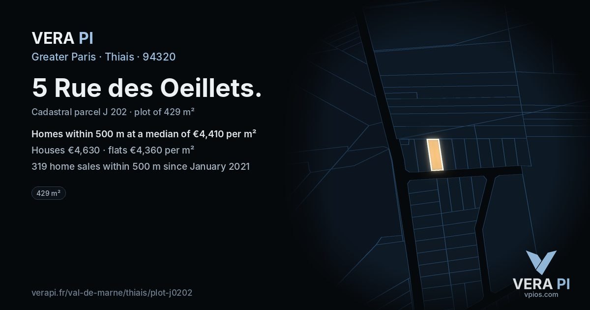 5 Rue des Oeillets, Thiais at night – the plot lit, the parcels around coloured by the prices near them