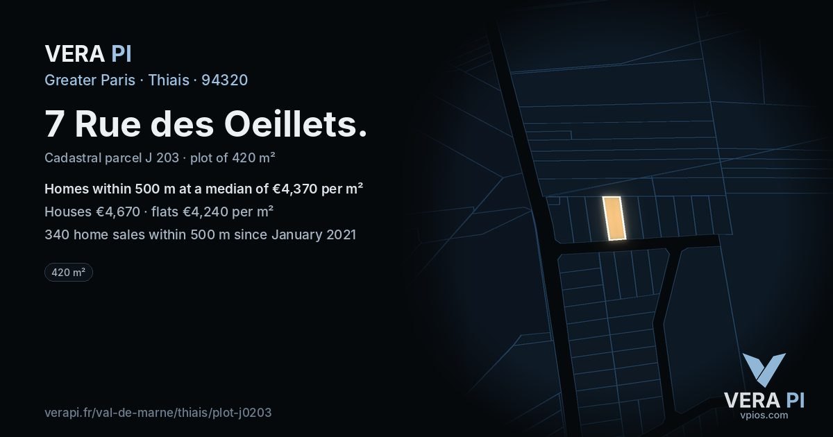 7 Rue des Oeillets, Thiais at night – the plot lit, the parcels around coloured by the prices near them